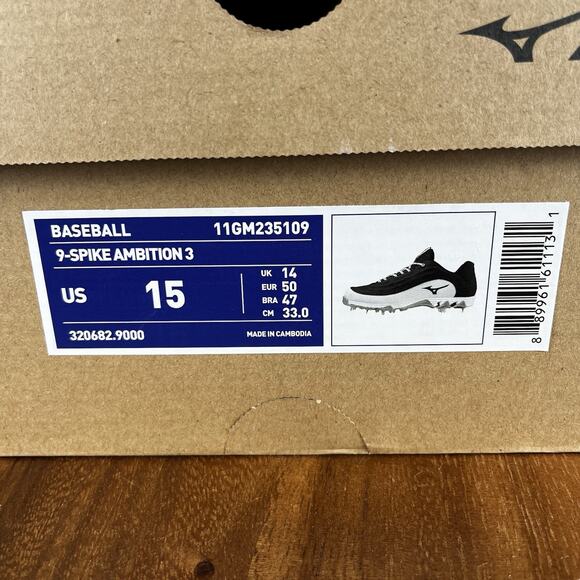 Size 15 - Mizuno Men's Black 9-Spike Baseball Ambition 2 Mid Metal Cleats - Picture 11 of 12